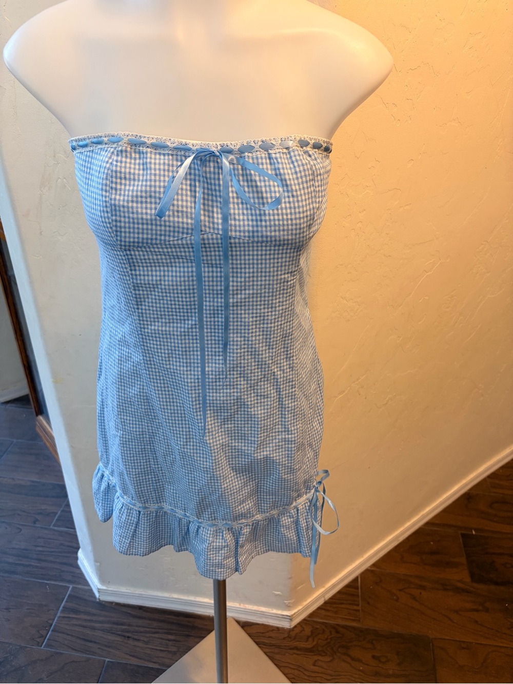 Sky to Moon Blue Gingham Strapless Sundress Y2K